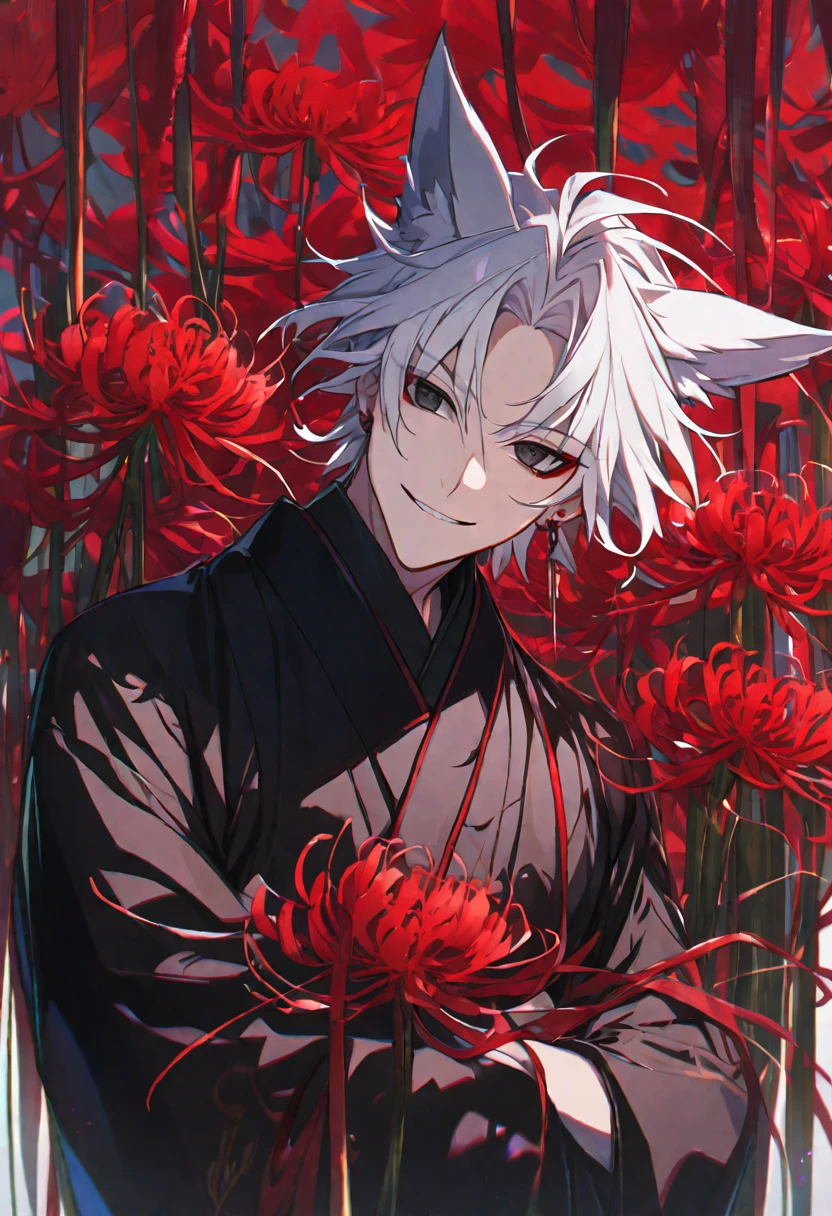 Solo, 1 male, white hair, black eyes, black kimono, fox ears, smile facial, red spider lily, higanbana, red earrings