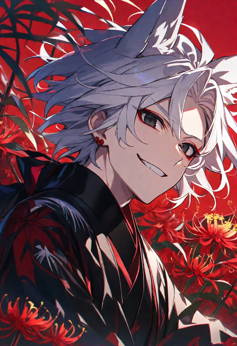 Solo, 1 male, white hair, black eyes, black kimono, fox ears, smile facial, red spider lily, higanbana, red earrings