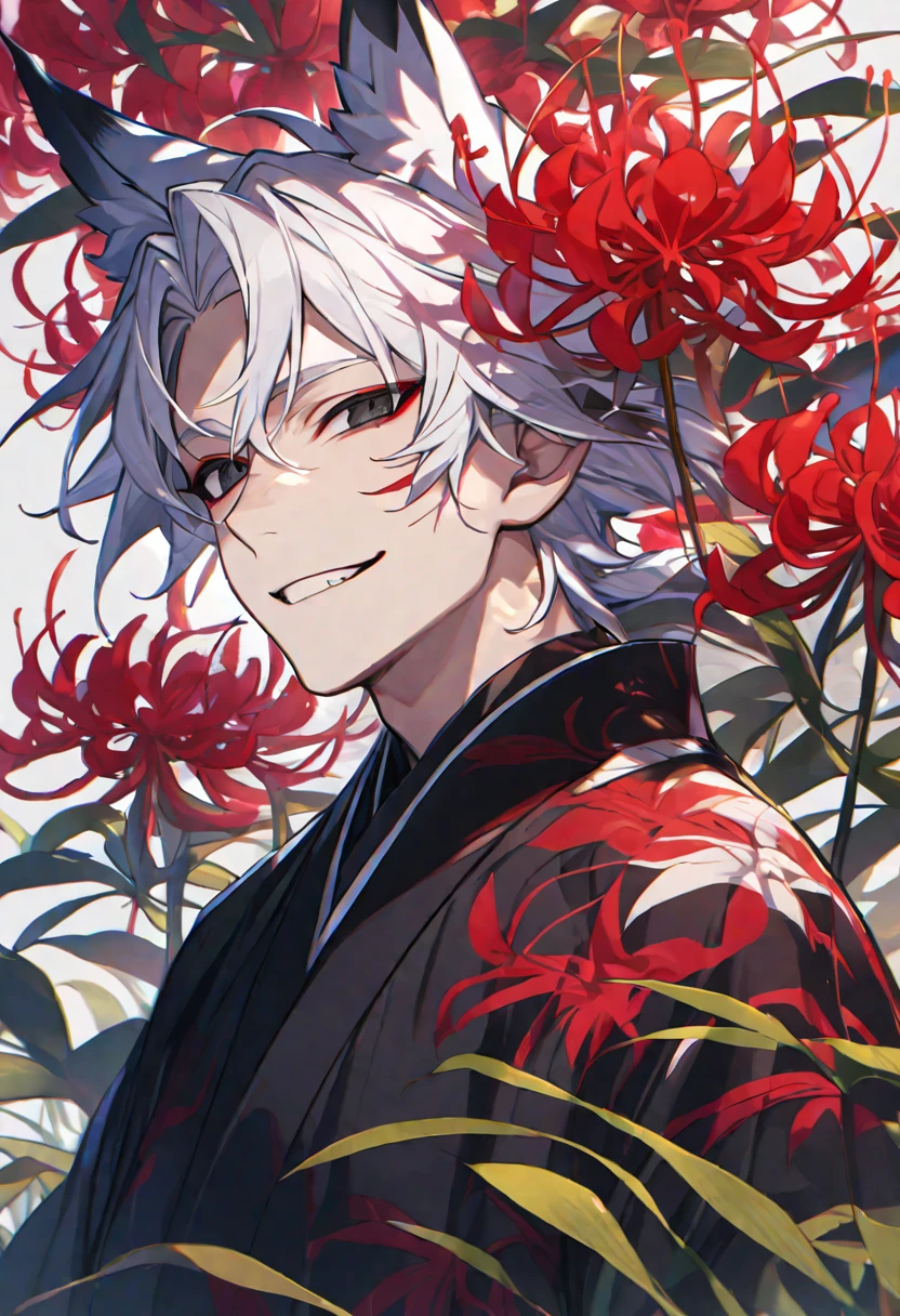 Solo, 1 male, white hair, black eyes, black kimono, fox ears, smile facial, red spider lily, higanbana