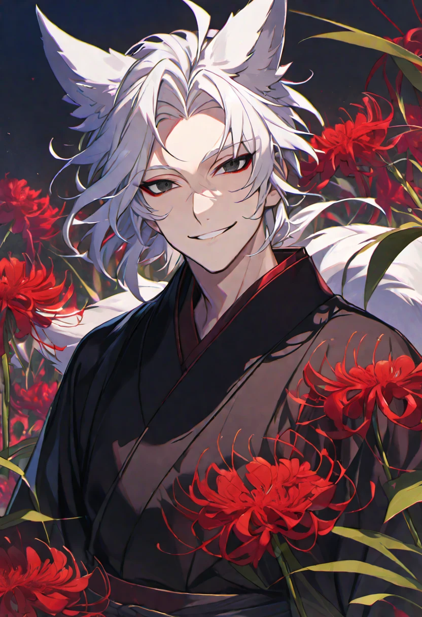 Solo, 1 male, white hair, black eyes, black kimono, fox ears, smile facial, red spider lily, higanbana