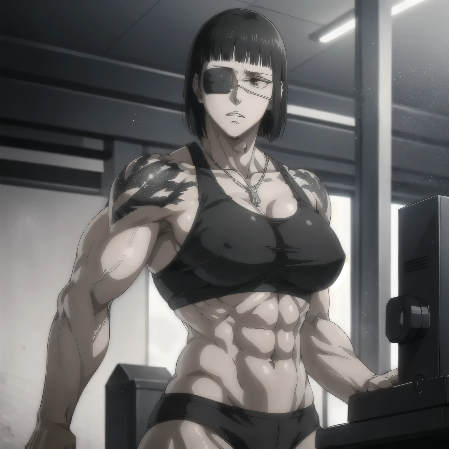 best quality,ultra-detailed,realistic:1.37),musclaur badass girl with sculpted body with preview her musclaur body and six-pack, full review of the female character's face and body, intense expression, strong and confident posture, studio lighting, vivid colors, physiologically-based rendering, grungy texture, rugged background, dust particles in the air, commanding presence, professional, powerful, gritty aesthetics,,Valmet،short hair,necklace,Light reflection on shoulders,clean muscles،wearing gray underwear and gray gym tank top,tattoos on shoulders،workouts( girl solo),eyepatch,Shining muscles,eyes detailing,fat free body,veins in muscles,penis growth inside underwear