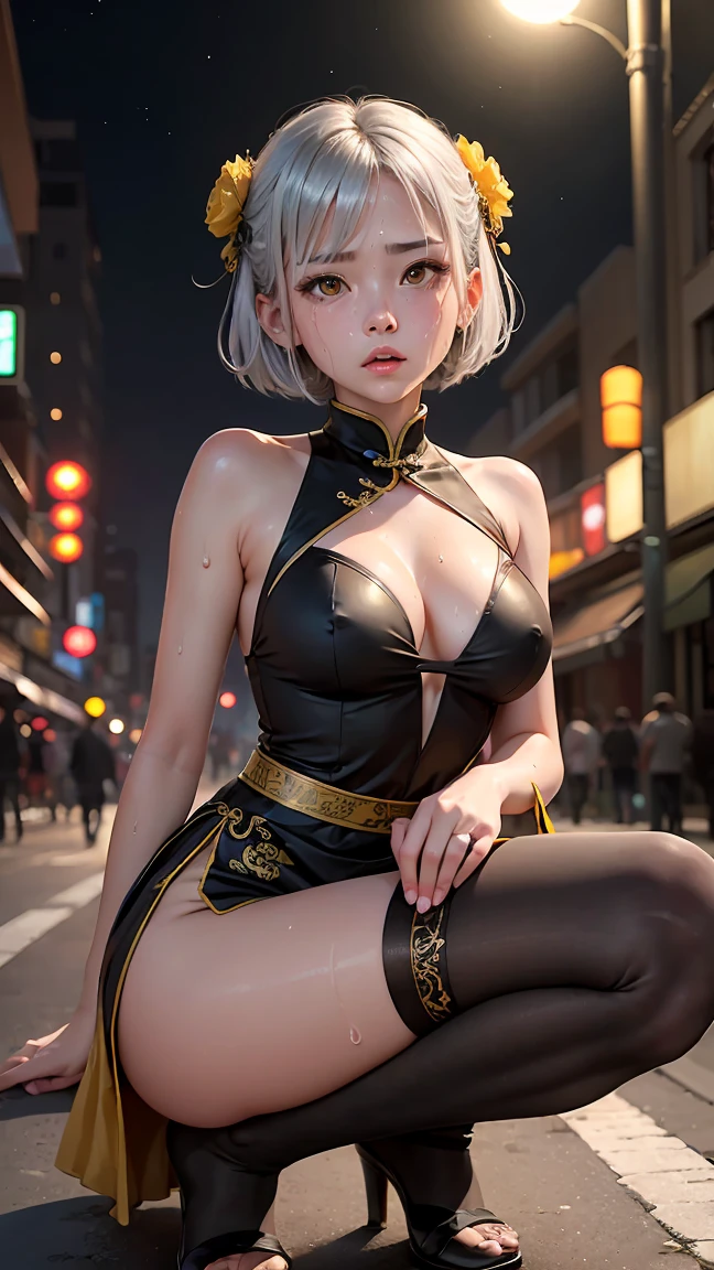 Young girl 10 years old, short silver bob hair, hair flower, sharp bangs between the eyes, yellow eyes, eyes large, provocative look, obscene expression, notable physical features, traditional chinese imperial clothes black with gold details, red skirt, black thigh high socks. half-sided angle, crouched in the street, lumbar angle, 90 degree body angle. japanese city, outdoor city, city at night, with full moon in the background, light reflecting on the sexy and sweaty body. (((sweat))) (work of art:1.2,) (best qualityer.)