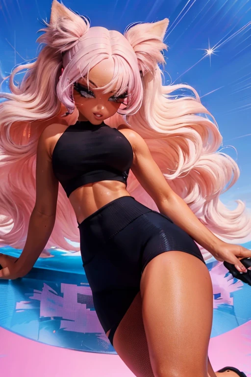 Bratz Doll, pink hair, black underwear showing through white wet tank top, leopard-print bike shorts, dark skin, toned, flat tummy, trim waist, skinny midriff, very wide hips, beautiful face, cute, sassy, tantalizing