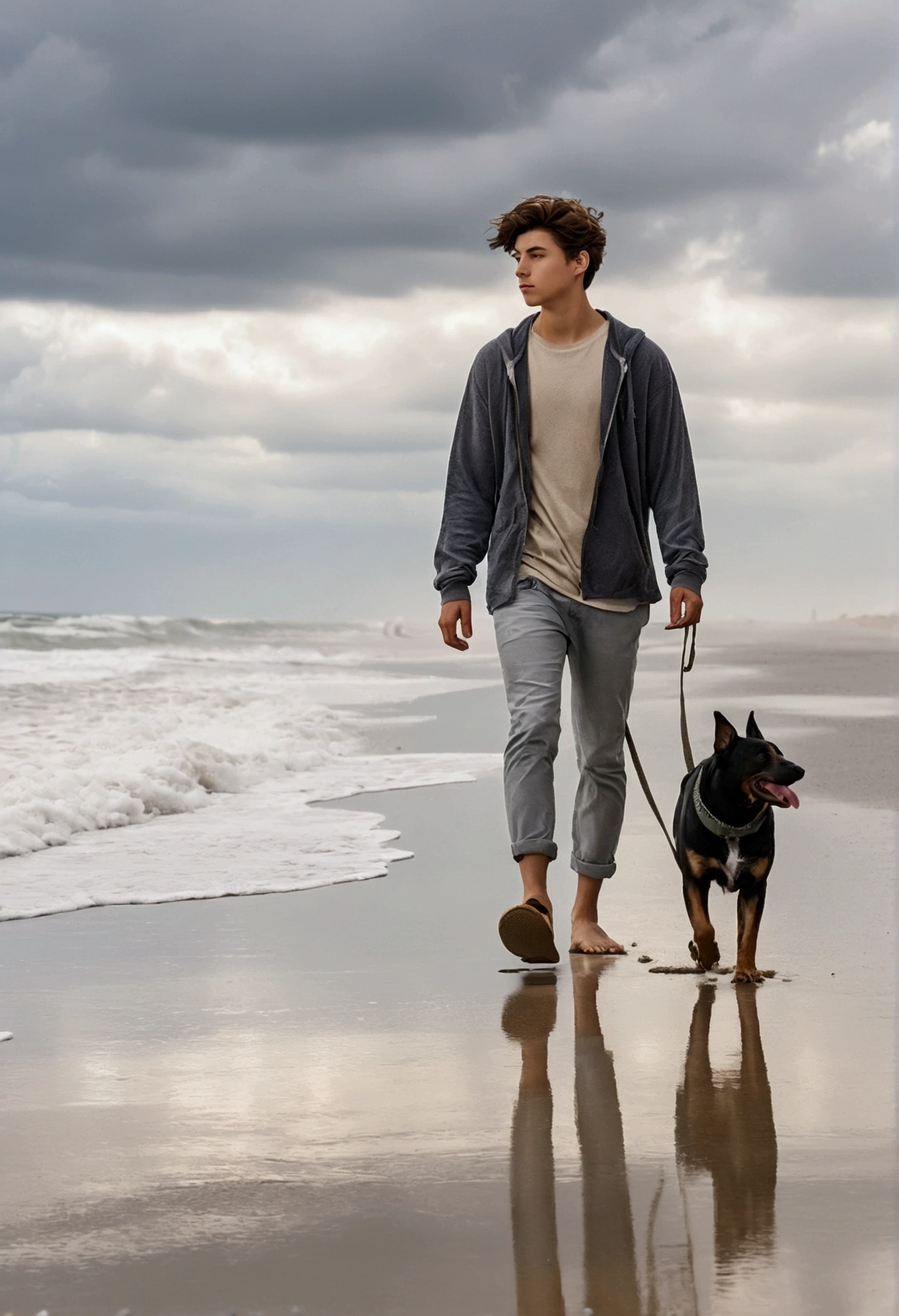 a 19 year old man walking with a dog on a cloudy beach day,beach,cloudy sky,ocean waves,sand,man walking dog,casual outfit,dreamy mood,soft lighting,serene atmosphere,cinematic composition