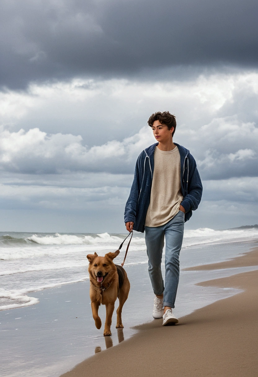 a 19 year old man walking with a dog on a cloudy beach day,beach,cloudy sky,ocean waves,sand,man walking dog,casual outfit,dreamy mood,soft lighting,serene atmosphere,cinematic composition