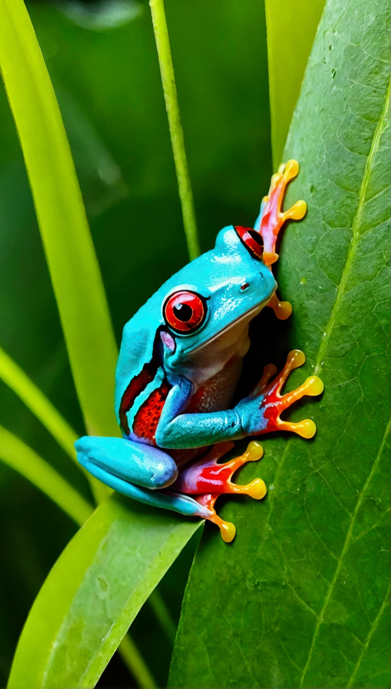 It was a red-eyed tree frog，The whole body is turquoise，Blood red eyeosquitoes are preying on mosquitoes in a cluster of weeds