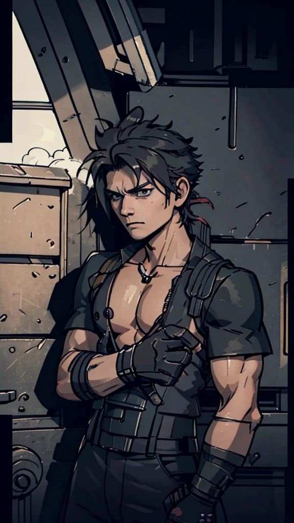 homen, short curly black hair, eyes black, black eyebrow, cloud strife, solid snake