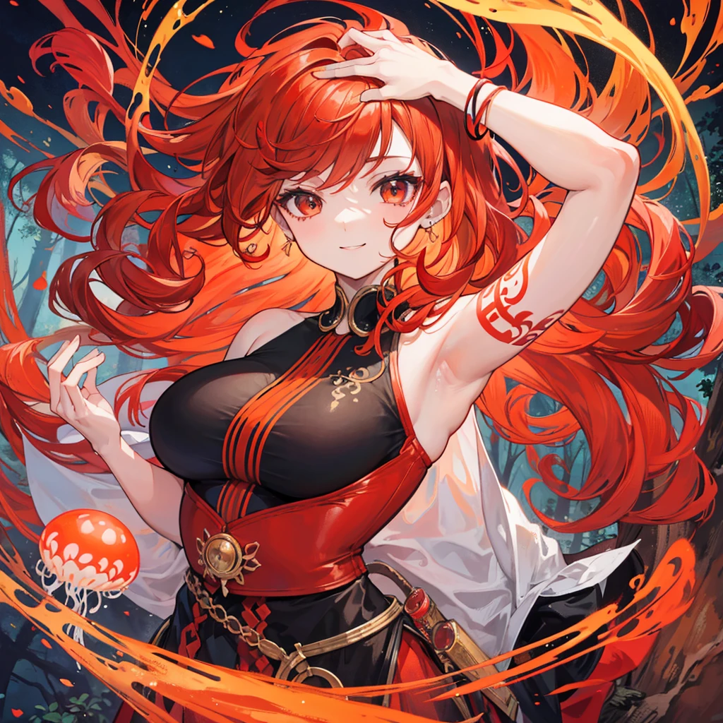 Curly hair woman, red and orange hair, Almond eyes, black eyes, the expression is relaxed but with a smile,The background is a forest , with not so revealing clothes, with a tattoo of a jellyfish, long hair, an ear piercing