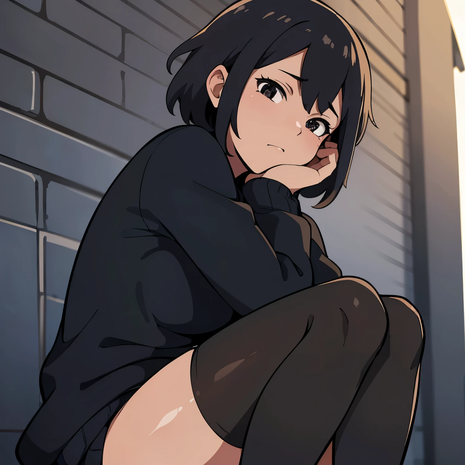 Superior quality, Masterpiece, ultra high resolution,Anime illustration of a girl with short brown hair and black eyes, she has a tired look, her hair is messy, she is wearing a black sweater with black tights, she is outside a house 