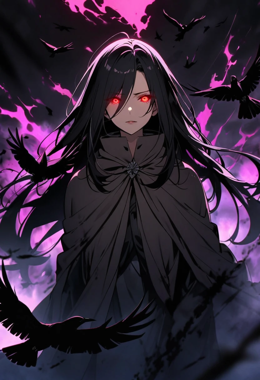 girl, mature, crows, red eyes, black hair, glowing eyes, dark aura, cloak, long hair, main face, front face