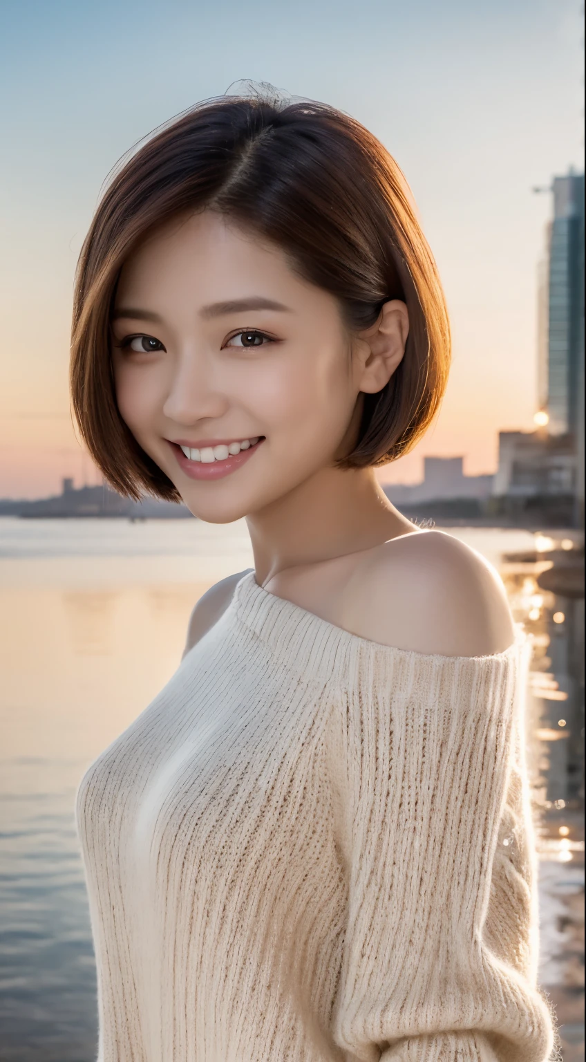masterpiece, highest quality, official art, Highly detailed CG Unity 8k wallpaper, single girl, ultra high resolution, (realistic: 1.4), golden hour lighting, sweater dress, (Upper body), (K-POPアイドル), (attractive: 1), (platinum short hair: 0.8), ((puffy eyes)), looking at the viewer, facing forward, smile, laughter,Medium chest, shirt lift, gloves,short hair,