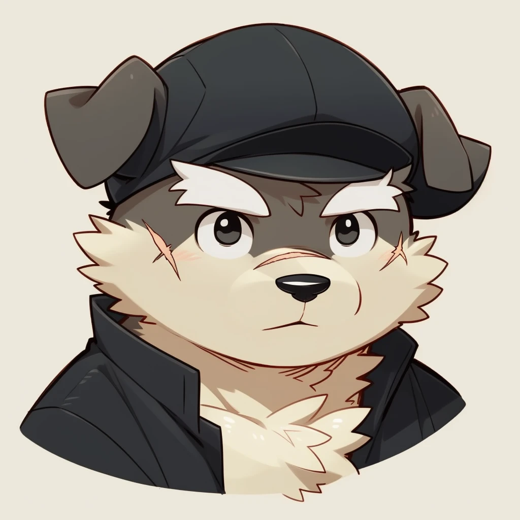 Scribble 黑色柴dog face,Cute face,Humanity(dog),(Black casual wear:1.3),Chubby,(White eyebrows:1.1),(Perfect black eyes),（artist:Takemoto Arashi），Simple background，scar。