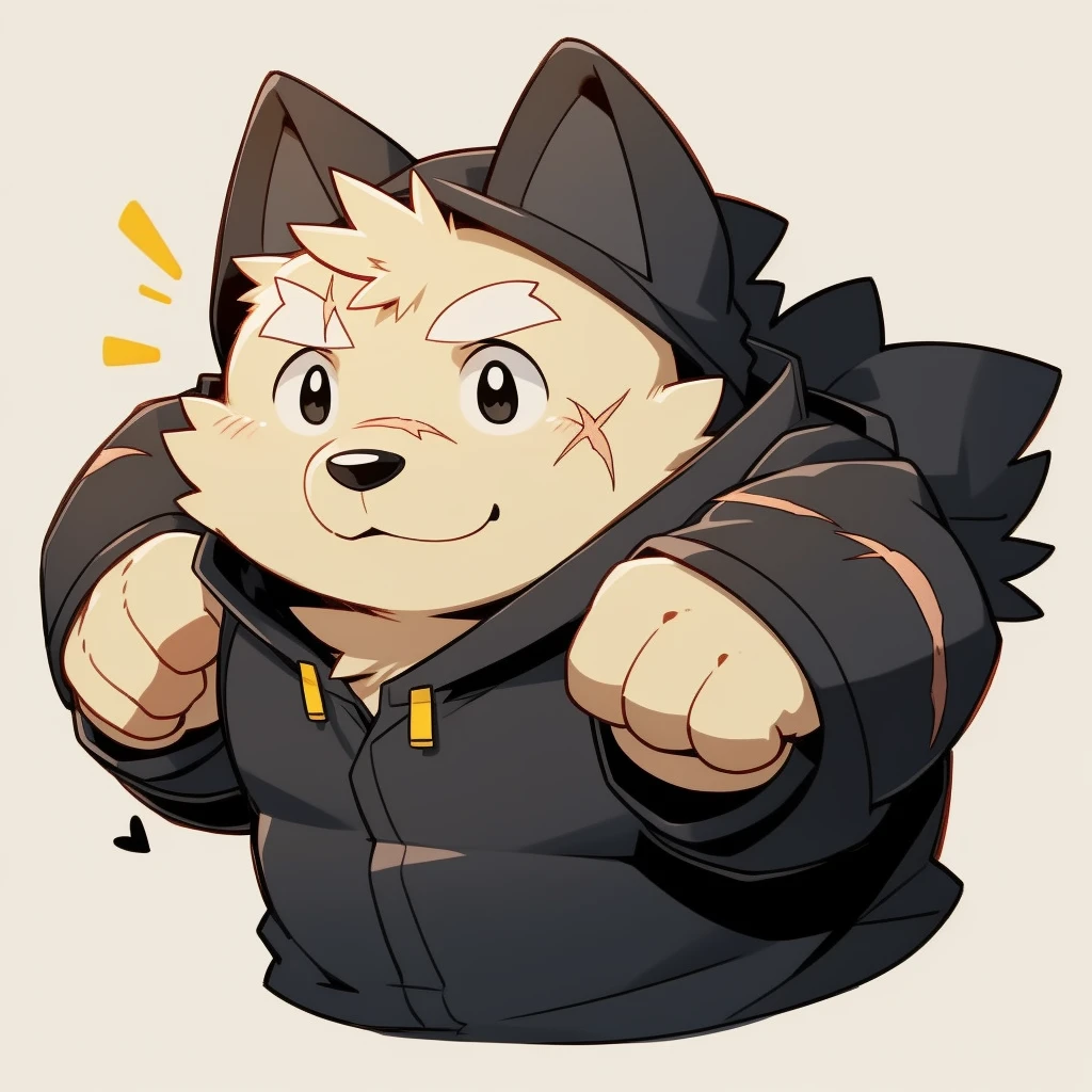 Scribble 黑色柴dog face,Cute face,Humanity(dog),(Black casual wear:1.3),Chubby,(White eyebrows:1.1),(Perfect black eyes),（artist:Takemoto Arashi），Simple background，scar。