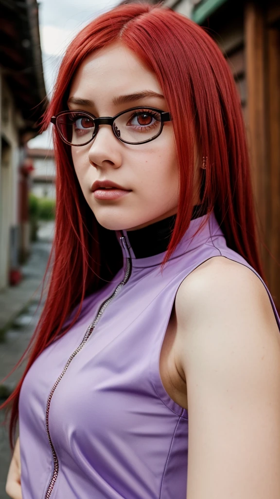 Girl, ************, red hair , glasses, Long lilac blouse with high collar, red eyes, like karin from naruto 