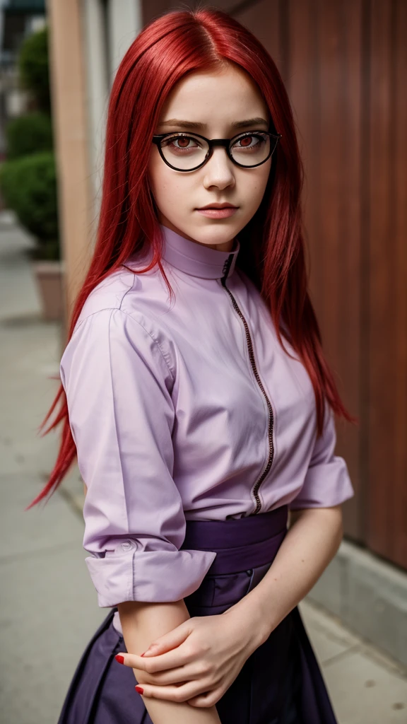 Girl, ************, red hair , glasses, Long lilac blouse with high collar, red eyes, like karin from naruto 