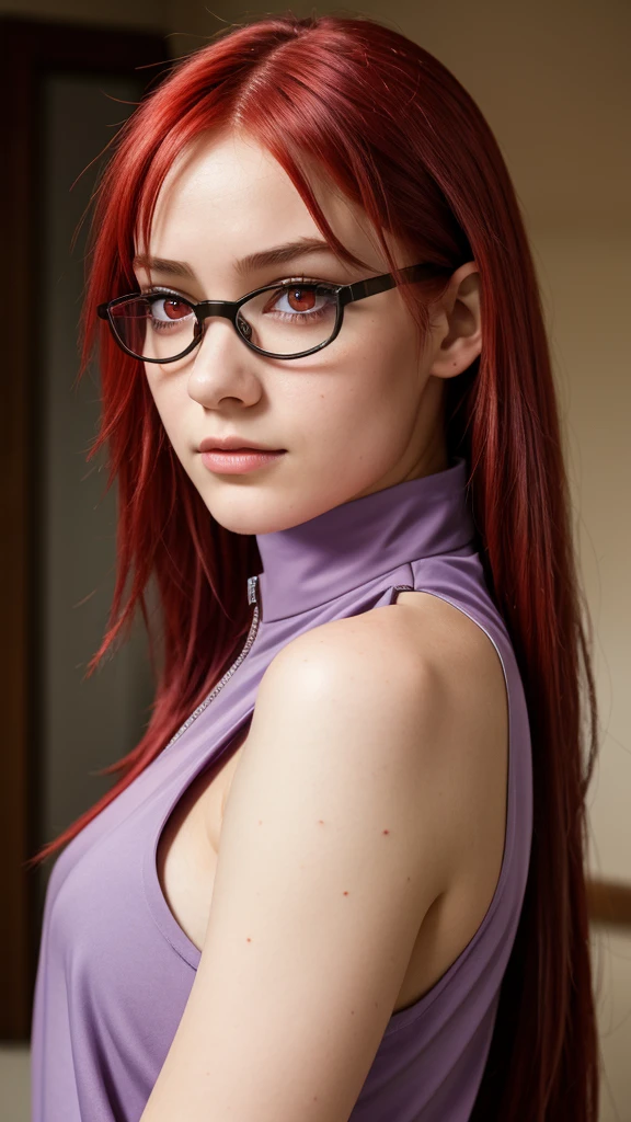 Girl, , red hair , glasses, Long lilac blouse with high collar, red eyes, like karin from naruto