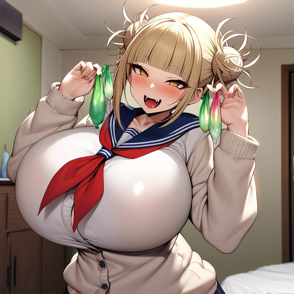 toga himiko,1girl,solo,Females in heat,blonde hair,yellow eyes,narrowed eyes,blunt bangs,open mouth,fangs,cardigan,long sleeves,neckerchief,red neckerchief,gigantic huge breasts,5Used condoms in hand,looking at viewer,standing up,bed room