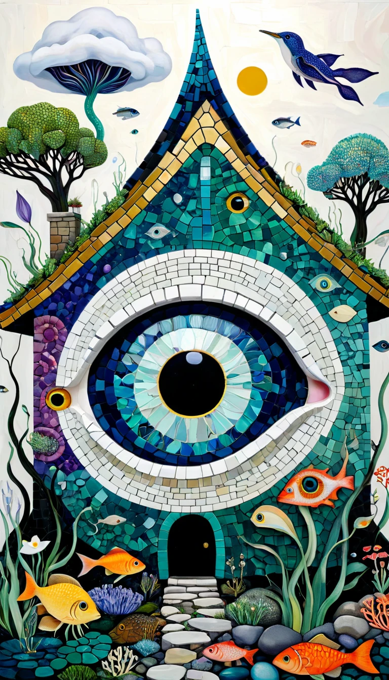 Holly Warburton Style：House on stone，Eye，mouth，A cloud、iris、fish、Tentacles、bird、Eye、diatom，A cute little animal，Abstract mosaic painting，Describing the inner world of a depressed person，Strong sense of loneliness，Depressing atmosphere，Sense of space，White Space，Psychedelic Art，Low-key color matching