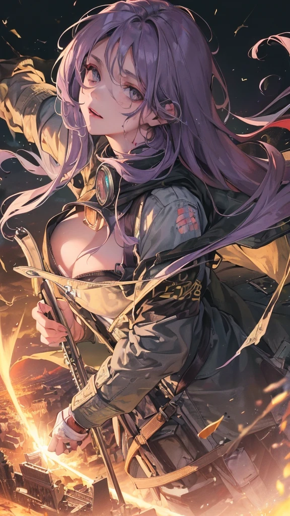 (Top resolution、Distinct_image)top-quality、A girl、masterpiece、highly detailed, half body, Semi-realistic、grey eyes 、18year old、dark purple hair,young 、Exquisite facial features、Facial features ,variation potrait, big breasts, injured, ruined city background , long hairstyles, zombies apocalypse, teenage, cool , cold sharp eyes, survivor,war soldier, An expression of despair., Torn clothes, destroyed clothes, damaged clothing, all dirty, dirty, dirt, lifeless eyes, blood on face, , {Very detailed 8k CG unit wallpaper}, expansive landscape photography, (Low perspective, emphasizing the characters), (Wide open field view), (Low-angle shooting), (high light : 1.0), (low beam: 1.5), (warm light source: 1.5), complicated details, (rainbow colors: 1.0), (Bright light), (Atmosphere light), Surreal, Dreamer, calm