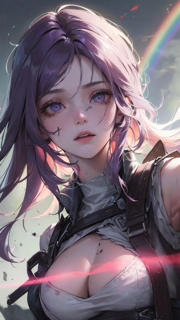(Top resolution、Distinct_image)top-quality、A girl、​masterpiece、highly detailed, half body, Semi-realistic、grey eyes 、18year old、dark purple hair,young 、Exquisite facial features、Facial features ,variation potrait, big breasts, injured, ruined city background , long  hairstyles, zombies apocalypse, age, cool , cold sharp eyes, survivor,war soldier, An expression of despair., Torn clothes, destroyed clothes, damaged clothing, all dirty, dirty, dirt, lifeless eyes, blood on face, , {Very detailed 8k CG unit wallpaper}, expansive landscape photography, (Low perspective, emphasizing the characters), (Wide open field view), (Low-angle shooting), (high light : 1.0), (low beam: 1.5), (warm light source: 1.5), complicated details, (rainbow colors: 1.0), (Bright light), (Atmosphere light), Surreal, Dreamer, calm