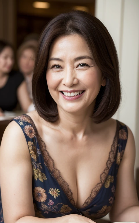 8k wallpaper, masterpiece, highest quality, Ultra-detailed, One mature woman, 50 years old, Highly revealing, Wearing a spring-like shirt, Skin dents, A seductive smile, Looking at the audience, Cleavage, plump, Curvaceous, Seductive face, Toothy smile, was happy, Sitting at a cafe, Background Blur
