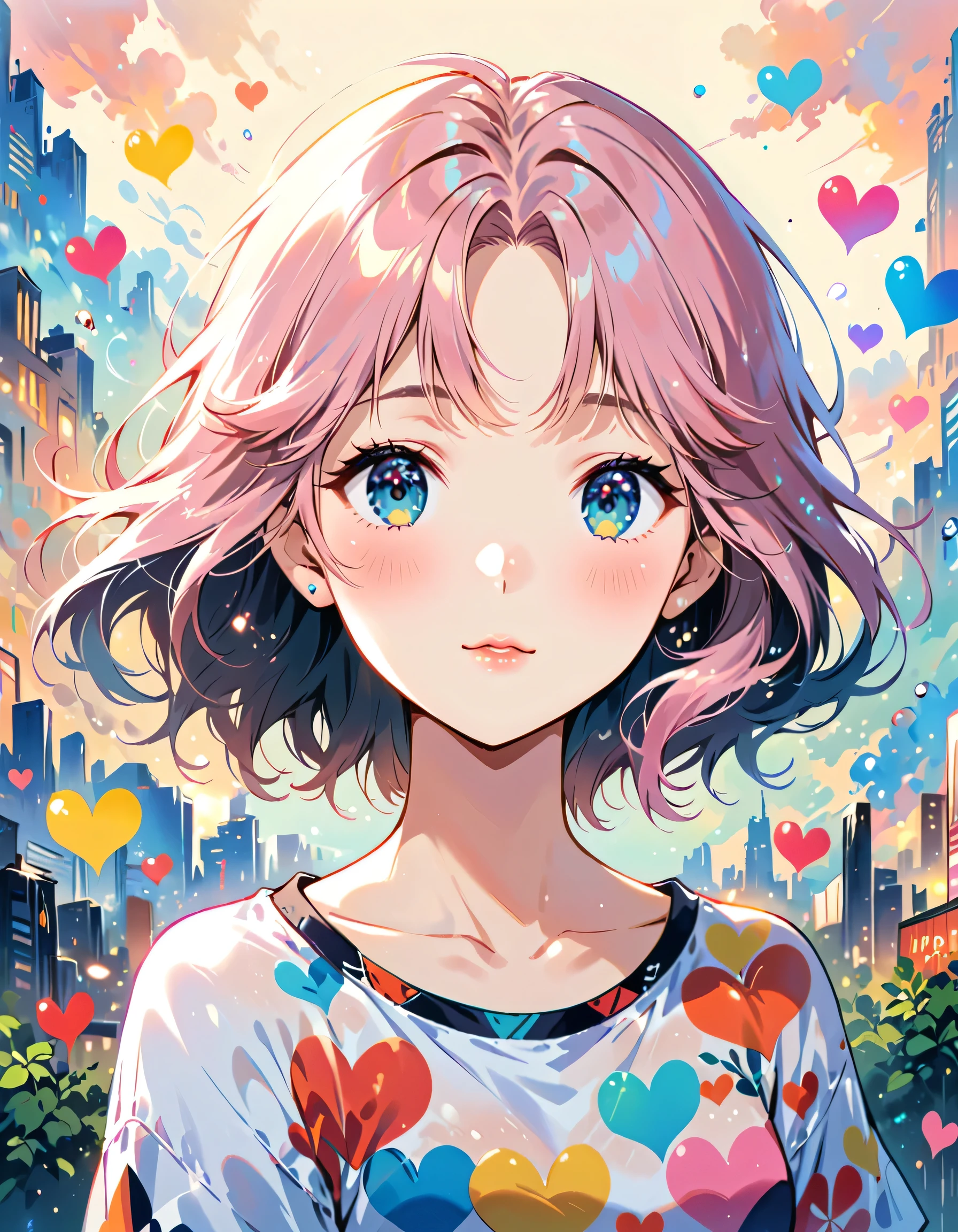 Makoto Shinkai Pink and White style, Simple Line Initialism，Abstract art，Urban Background, (((The most beautiful girl of all time))), Sweet face. Lips in love, colorful hearts, stylish design