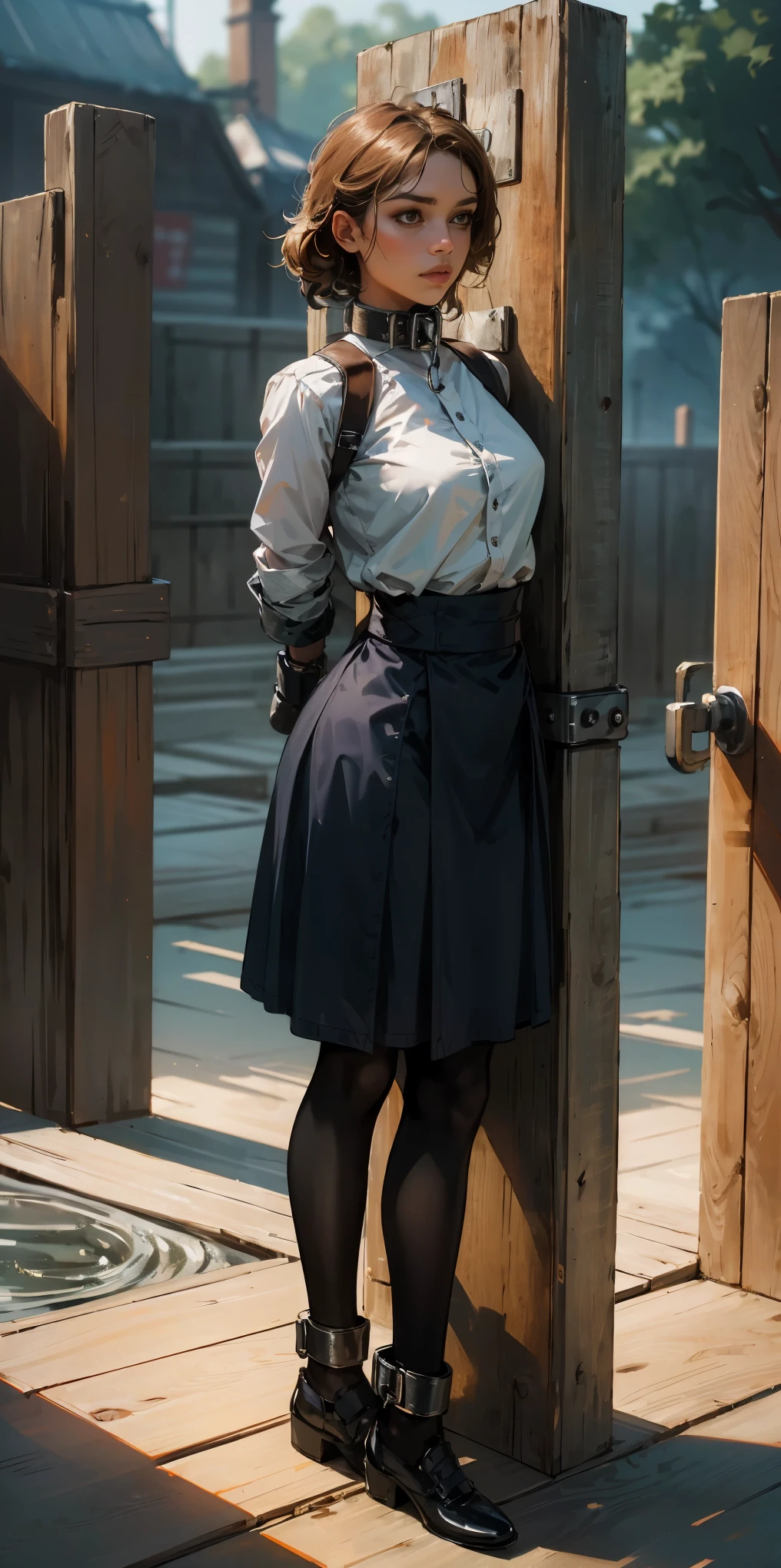 (masterpiece, best quality), intricate details,
1girl, phSaber,
(standing by wooden pole:1.2), iron collar, arms behind back, iron cuffs, shackles, bound,