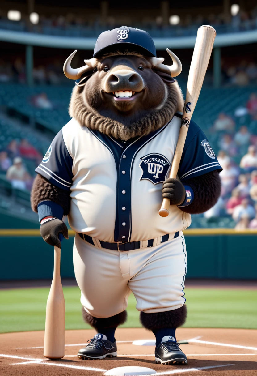 photorealistic portrait of Dressed animals - a ((fat)) musk ox Baseball player,(holing bat:1.5),(furry),(happy smile),(hand on hip), high quality,(lovely) ,intricate details, highly detailed (baseball uniform )),baseball cap, Cleat shoes, (happy), natural lighting, baseball stadium background,(full body image:2.0),(looking at viewer:1.5),score_9, score_8_up, score_7_up, score_6_up, score_5_up, score_4_up,