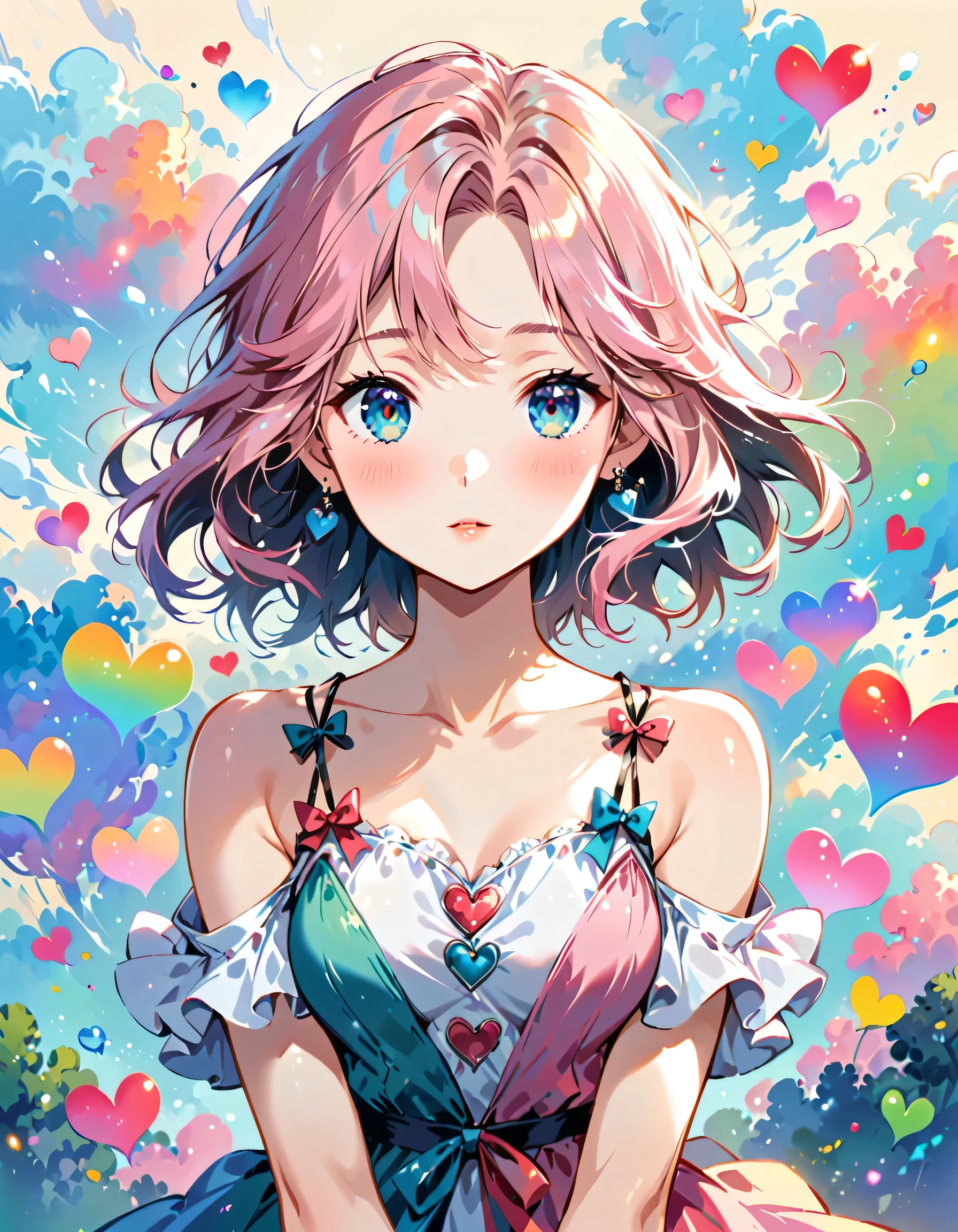 Makoto Shinkai Pink and White style, Simple Line Initialism，Abstract art，Urban Background, (((The most beautiful girl of all time))), Sweet face. Lips in love, colorful hearts, stylish design