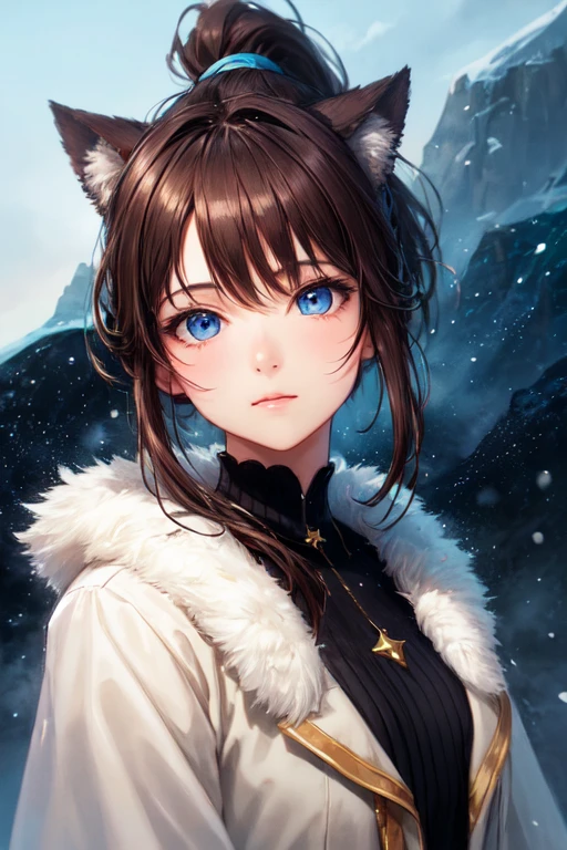masterpiece, (Highest quality: 1.2), (Super quality: 1.2), shape, (Very delicate and beautiful: 1.2), Film Angle, floating, (Beautiful details in the eyes: 1.1), (Detail Light: 1.1), Film Light, Delicate Sky, woman, Dark Hair Blue Eyes, (High Ponytail: 1.1),goggles, fur,Warm dress, Beige clothes,Shining Eyes,  Starry Sky, (Particles of light: 1.1), fog , Snow Painting, sketch, bloom，Dog ears