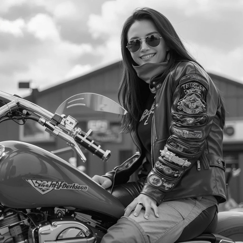 Araped woman sitting on a motorcycle in leather jacket, Photo of a female biker, biker, Motorcycle rider, Sitting on a motorcycle, B&W Photo, in door : Stephen Greene, Candid portraits, by Gavin Nolan, making: Natasha Tan, making: Mathias Kollros, Riding a motorcycle, Bad look, Harley-Davidson, posing in, by Romaine Brooke,Ultra8K,colored photo,
