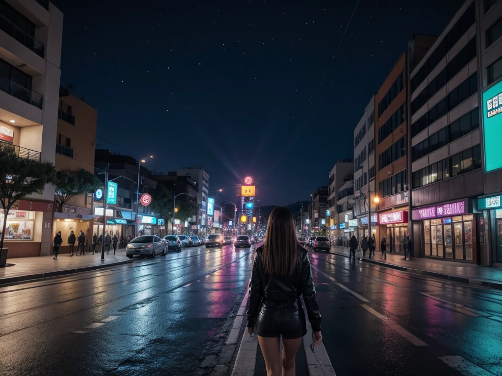 girl, standing backwards, fully body, perfectbody, big-ass, king down the street at night