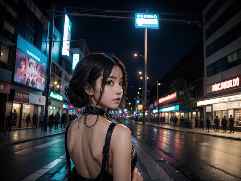 Landscape Mexico City Japan modern avenue anime night neon lights, Mexican anime girl in the middle of the street with her back to herself with a guitar case