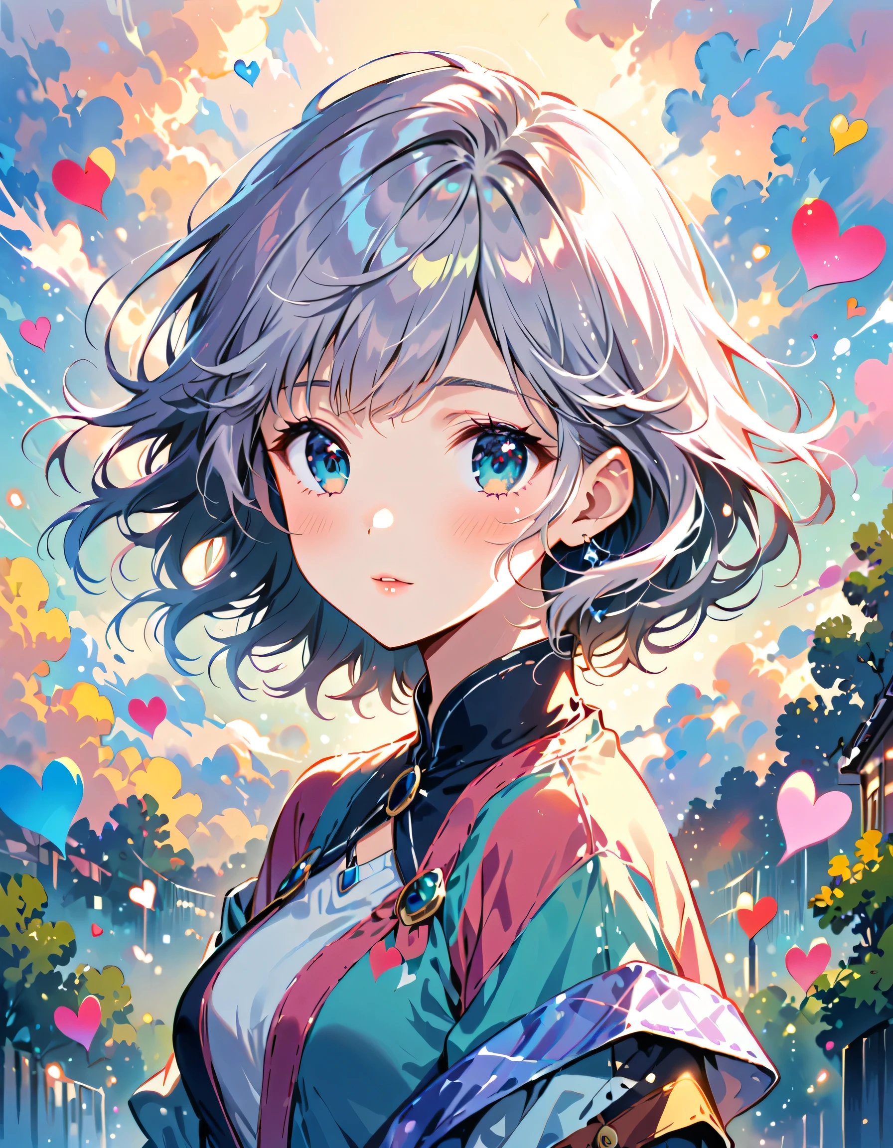 Makoto Shinkai Pink and White style, Simple Line Initialism,Abstract art,Urban Background, (((The most beautiful girl of all time))), Sweet face. Lips in love, colorful hearts, stylish design