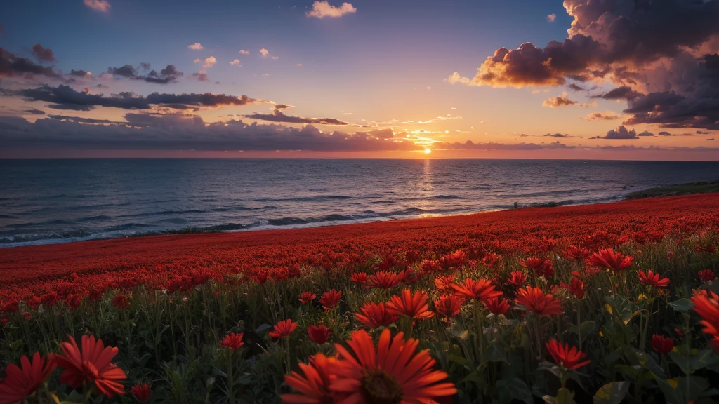 masterpiece , best quality ,sunset, field , red flower , big flower,realistic,seaside