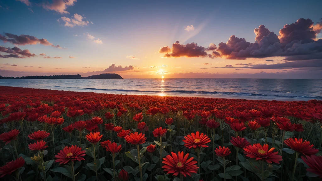 masterpiece , best quality ,sunset, field , red flower , big flower,realistic,seaside