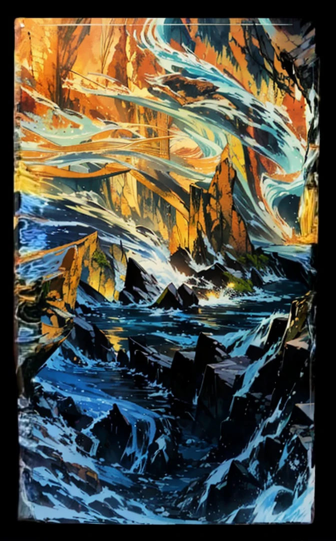 The picture is a martial arts animation style scenery。Earth, mountains and rivers，The river is rushing and bright，terrain changes，The colors are distinct and blended，Clear changes in light and shadow，Silky smooth and delicate watercolor painting