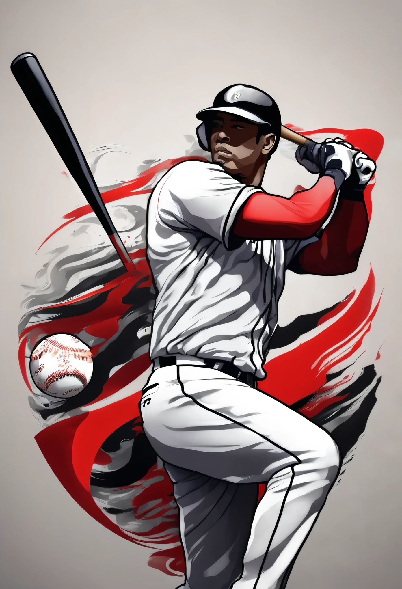 anatomically perfect, general shot, full body, A baseball player, holding baseball bat,a baseball player, line art, colors, red black and white:1.5, Detailed line art, intricate lines, dynamic baseball player, baseball player in motion, realistic sports figure, realistic baseball player, detailed muscle structure, perfect anatomy, Seamless integration, Shocking composition, dramatic lighting, High contrast, Cinematic atmosphere, colors vívidos, Impressive visual impact, Masterpiece, Best Quality, 8k, photorealistic