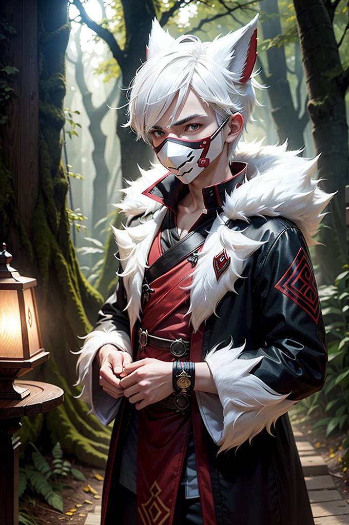 There is a white haired age boy with a traditional wooden carving mask resembling the pokemon zoroark. Lush forest, high quality, semi-dim lighting, evening