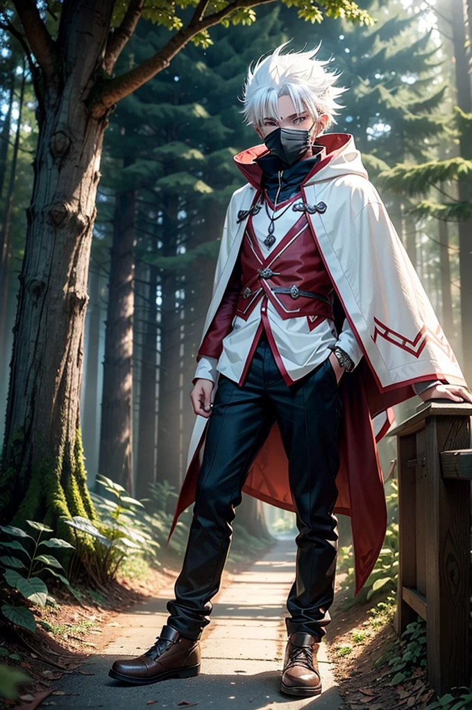 There is a white haired teenage boy with a traditional wooden carving mask resembling the pokemon zoroark. Lush forest, high quality, semi-dim lighting, evening
