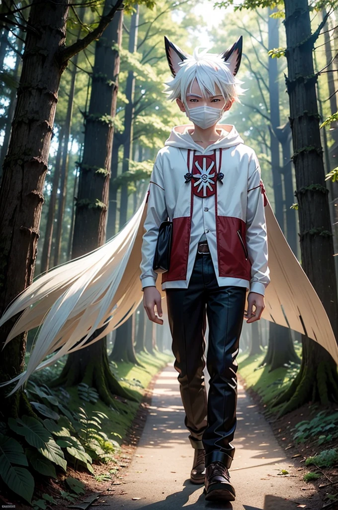 There is a white haired teenage boy with a traditional wooden carving mask resembling the pokemon zoroark. Lush forest, high quality, semi-dim lighting, evening