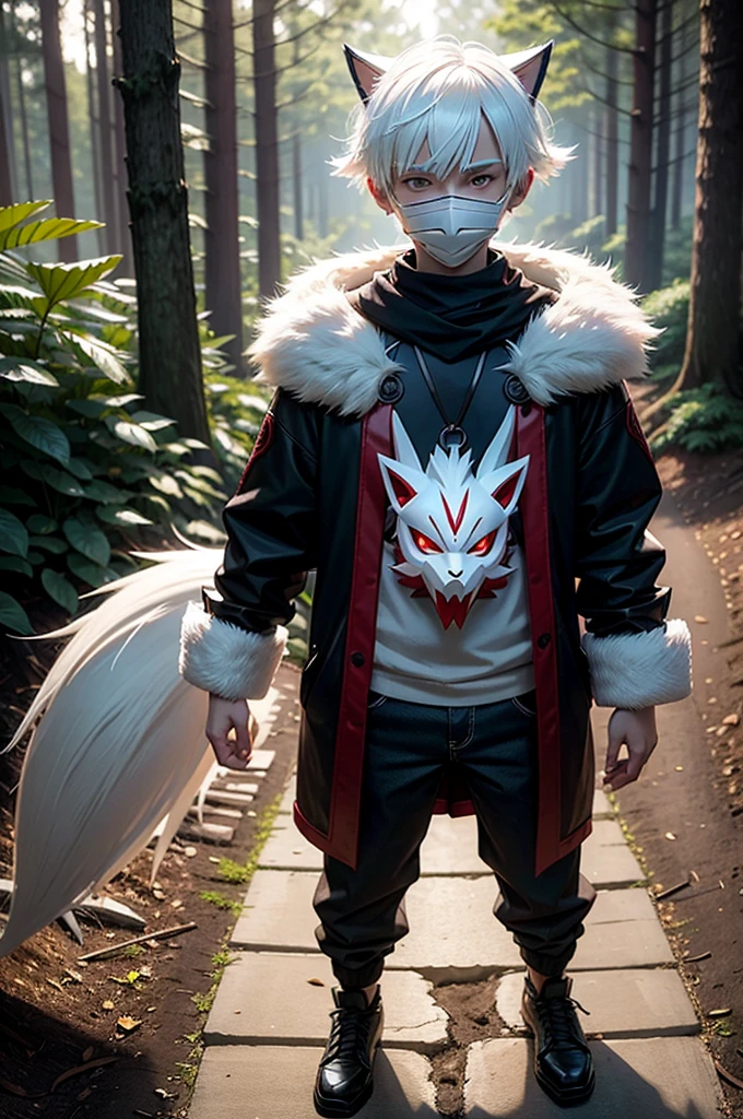 There is a white haired teenage boy with a traditional wooden carving mask resembling the pokemon zoroark. Lush forest, high quality, semi-dim lighting, evening