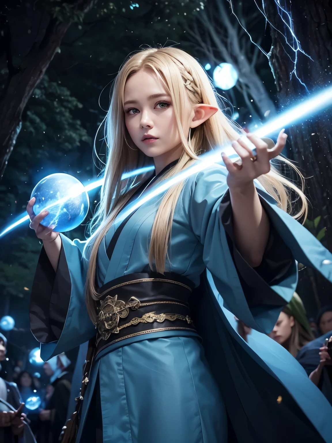 Elf using magic with arms wide open, dark atmosphere, dark surroundings, numerous small blue glowing spheres floating around, intimidating painting style, lightning shimmering violently around, masterpiece, top quality, super detailed, super detailed, 4K, 8K, ((clearly drawn face)), serious expression, Japanese clothes, kimono , blonde, long hair, in a sacred forest, beautiful hair.