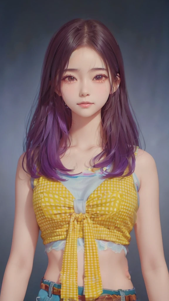 a close up of a person with purple hair wearing a yellow top, inspired by Sim Sa-jeong, wavy hair yellow theme, realistic. cheng yi, with very highly detailed face, kawaii realistic portrait, 🤤 girl portrait, long glowing ethereal hair, detailed hair foggy, inspired by Russell Dongjun Lu, 16k upscaled image, realistic hair, dynamic wavy hair