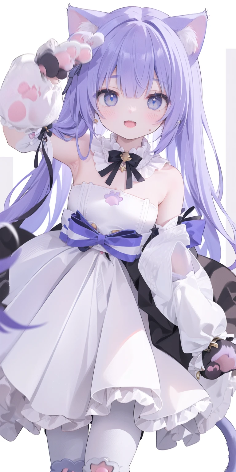 Cute ,Long hair,Purple Hair,Close one eye,Smile,open mouth,Piece logo,Big blue eyes,White Lolileated Skirt,Cat ears,Cat's Tail,Bow,Hair accessories,(Cat's paw gloves:2.0),(White boots:2.0),Leg ring,(whole body:1.7),stage,Sing,Dance,(Paw pose:1.3)