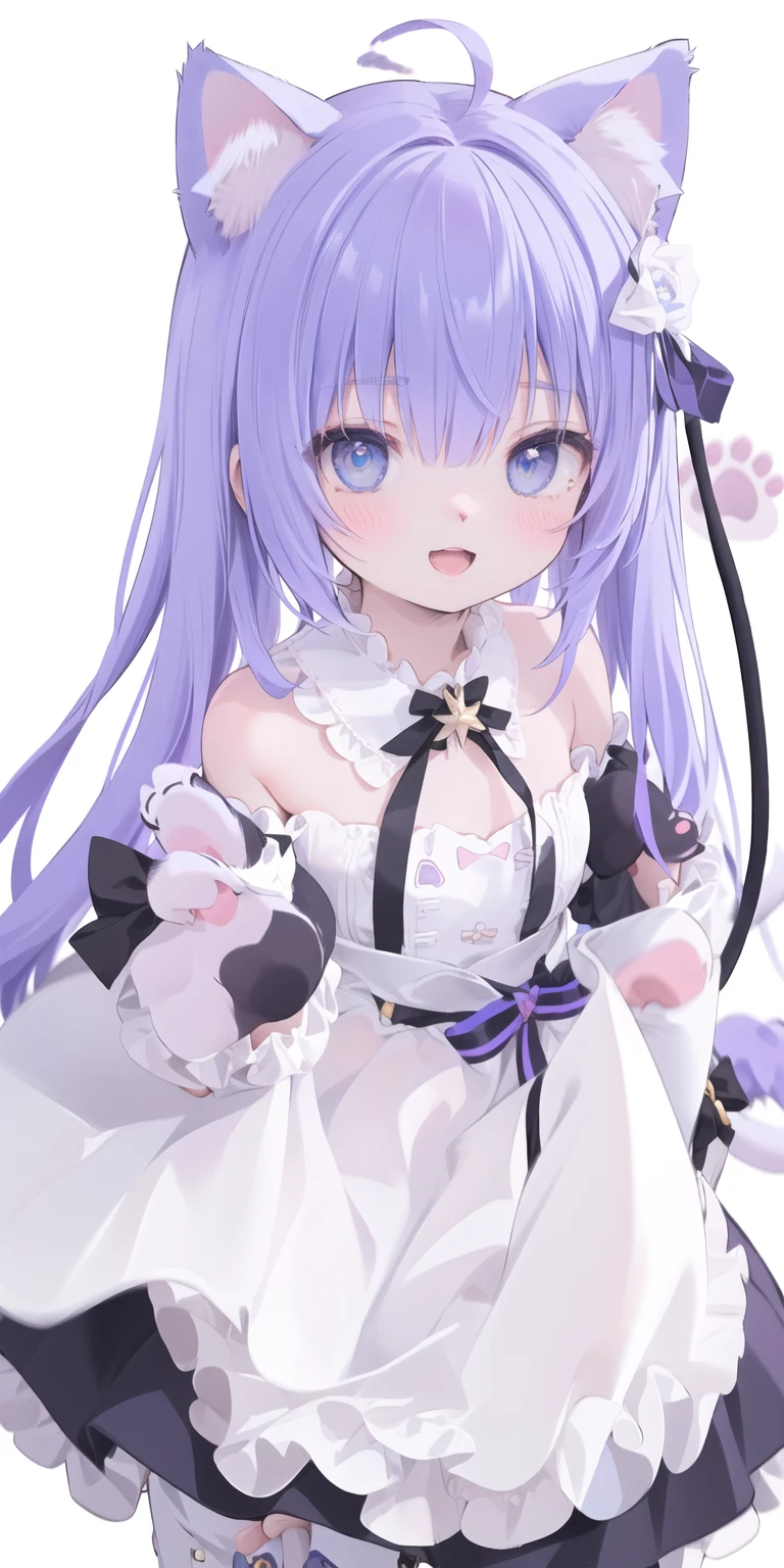 Cute Loli，Long hair，Purple Hair，Close one eye，Smile，open mouth，Piece logo，Big blue eyes，White Lolita，Pleated Skirt，Cat ears，Cat&#39;s Tail，Bow，Hair accessories，(Cat's paw gloves:2.0)，(White boots:2.0)，Leg ring，(whole body:1.7)，stage，Sing，Dance，(Paw pose:1.3)
