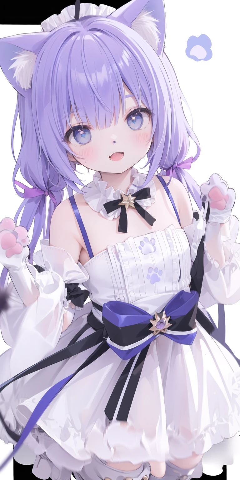 Cute Loli,Long hair,Purple Hair,Close one eye,Smile,open mouth,Piece logo,Big blue eyes,White Lolita,Pleated Skirt,Cat ears,Cat's Tail,Bow,Hair accessories,(Cat's paw gloves:2.0),(White boots:2.0),Leg ring,(whole body:1.7),stage,Sing,Dance,(Paw pose:1.3)