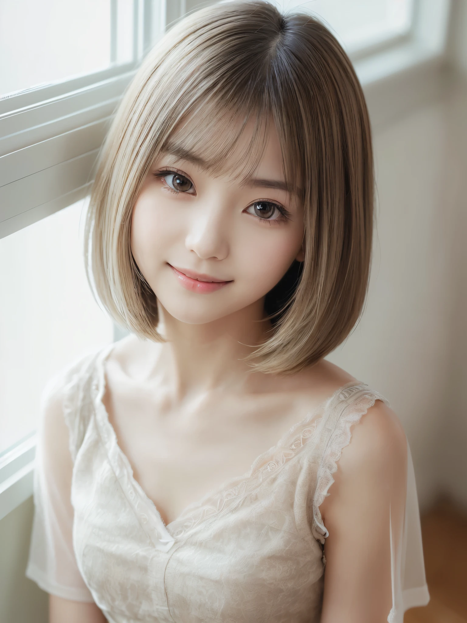 super highest quality, face focus, soft light, ultra high resolution, (realistic:1.4), RAW photo,
1 Japanese girl, alone, cute, (pupil, There'There'There's a light in my eyes), (detailed beautiful face:1.3) ((High resolution details of human skin texture:1.3) Beautiful glossy fair skin Beautiful three-dimensional effect
indoor,
Damask Shirt Dress, (Beautiful straight bob hair down to the tips:1.3) elegant and neat intelligent and stylish
(portrait) High definition focus on pupil diffused light from window beautiful gradation gentle smile (beautiful gradation:1.3) gentle smile