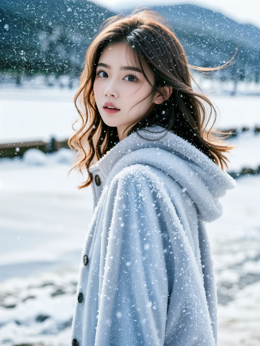 Fresh, 1girl, solo, black hair, looking at viewer, outdoors, blurry, snow, messy hair, parted lips, realistic, coat, blurry background, long hair, wind, lips, upper body, blue eyes, snowing, day, from side, black coat, depth of field,