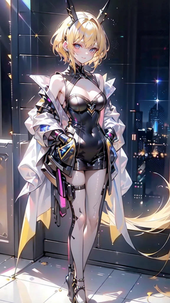 1 girl, short yellow hair, cyberpunk, Alice in Wonderland, black high heels, hand in pocket, best quality, 4k, 8k, highres, masterpiece:1.2, ultra-detailed, realistic, photorealistic, photo-realistic:1.37, HDR, UHD, studio lighting, ultra-fine painting, sharp focus, physically-based rendering, extreme detail description, professional, vivid colors, bokeh, concept art